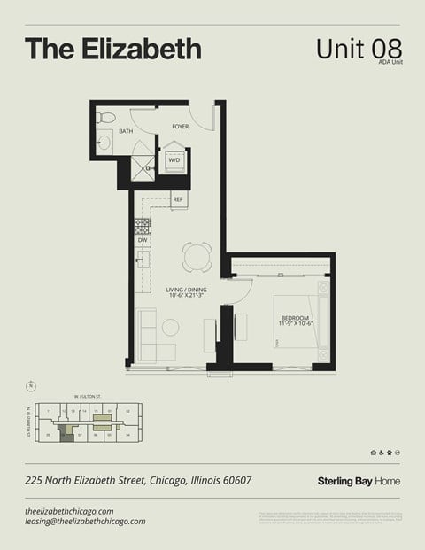Floor plan for 1 bed, 1 bath, 586 sqft